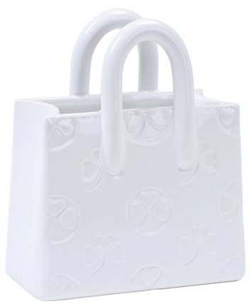 Handbag Shaped Ceramic Vase – White Small Decorative Vase with Clover Pattern, 5.9 L x 2.95 W x 7.08 H, Multi-Use for Flowers, Makeup Brushes & Pens, Elegant Gift for Women, Home & Wedding Decor