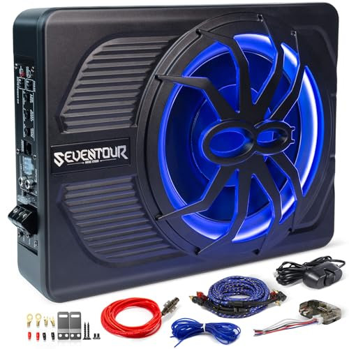 Seventour Schlanker Subwoofer, 25,4 cm (10 Zoll), 800 W, unter dem Sitz, integrierter Audio-Subverstärker für Auto/LKW, neues Upgrade mit blauem LED-Umgebungslicht
