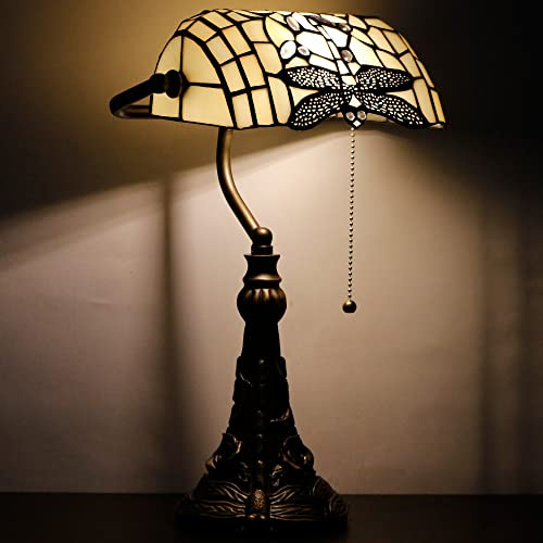 SYETL Tiffany Banker Lamp Small Stained Glass Table Lamp Tiffany Style Piano Light Cream Dragonfly Style Desk Lamp Angle Adjustable 10.6X15.7 Inch for Home Office Living Room Bedroom