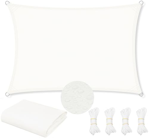 WOLTU Telo Ombreggiante in PES, Poliestere 200 g/m², Vela Ombreggiante Idrorepellente, Telo Parasole per Esterni, Protezione Solare, con Anelli a D e Corde, per Balcone, Pergolato,3x5 m, Crema