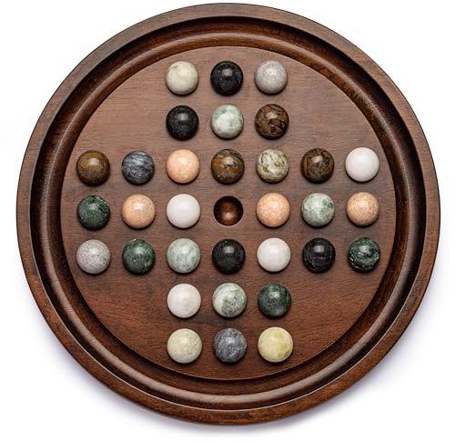 Deluxe Solitaire Spielset: 12,6-Zoll massives Holzbrett, 32 natürliche Marmor Kugeln, Einzelspieler-Strategie- und Denkspiele