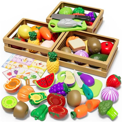 BunnyJOY Kinderküche Spielküche Zubehör, Spielküche Zubehör, Einkaufskorb Kinder, Kaufladen Zubehör, Kaufmannsladen Zubehör, Gemüse Obst Küchenspielzeug Mädchen ab 3 Jahren, Geschenke für Rollenspiele