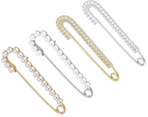 AOZUO 4 Pièces Broche Femme Vetement,Grosse Epingle A Nourrice,Broches Et Pins Pour Femme Avec Perles Strass Épingles De Sûreté Cardigan Chaussettes Épingles Pour Jeans Pulls Robes Pantalons