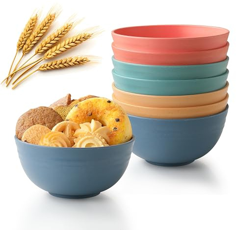 MONGSEW Unbreakable Wheat Straw Cereal Bowls, Microwave & Dishwasher Safe Kitchen Bowls for Cereal, Snack, Rice, Soup and Salad, 4 Colors, BPA Free, 26oz (Set of 8)