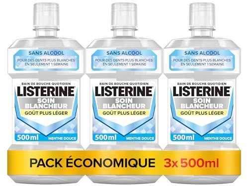 Listerine – Bain de bouche Soin Blancheur Goût Plus Léger 0% alcool (lot de 3 bouteilles de 500 ml) – Bain de bouche blancheur menthe douce – Sans alcool pour des dents plus blanches