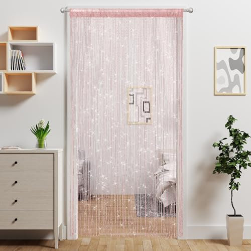 Ateasierlife Door String Curtain Doorway Beads Curtains,Hanging Room Divider Beaded Decor Hippie Glitter Fringe Panel Closet Window Wall Backdrop Doors Sequin Sheer Boho Doors Tassel (Pink)
