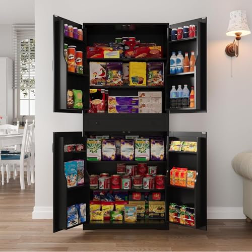 VOWNER Küchenschrank, Küchenbuffet Buffetschrank mit 12 Türregalen, Hochschrank mit Schränken, mit Verstellbaren Ablagen, Esszimmerschrank mit Schubladen, MDF, Spanplatte, 183 x 76 x 40 cm (Schwarz)