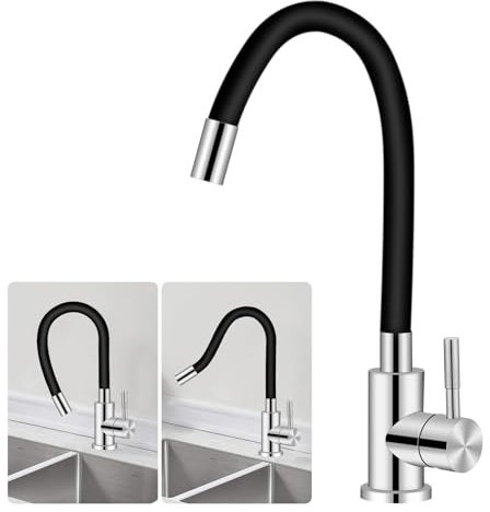 Robinet d'évier Flexible en Acier Inoxydable avec Bec Flexible Pivotant à 360° et Aérateur d'économie d'eau (Noir Chaud et Froid)