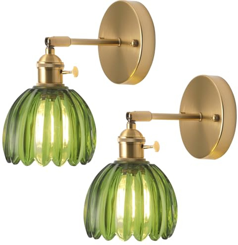 DLGLOLIN Set med 2 vägglampor i grönt glas Inbyggd vägglampa med strömbrytare E27 Vintage Badrum Vägglampa Belysning för sovrum, vardagsrum, kök