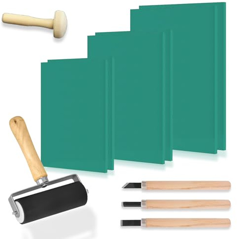 Kit per stampa di linoleum, 6 pezzi (A4, A5, A6), 2 fogli di linoleum con strumenti di taglio e rullo in gomma per stampa e altri lavori artigianali