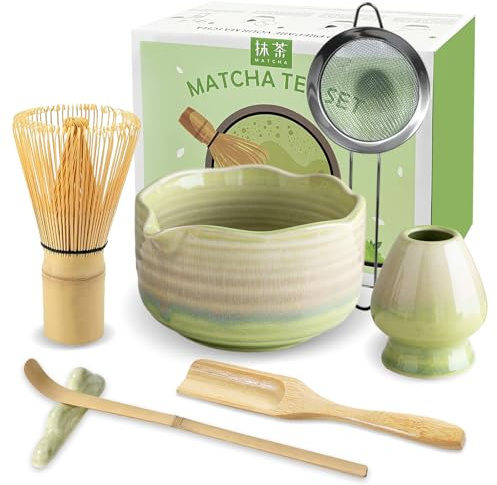JBER Matcha-set, bambu matcha kvast set 7 st, matcha teset för nybörjare | Handgjord Matcha Whisk 100 pinnar, keramisk matcha-skål och kvasthållare, sil, sked, hållare, gradient gul-grön