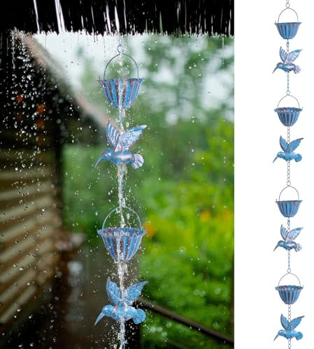 BAODBF 2.4M Dachrinnen Kette,Langlebig Regenkette Ablaufkette mit Kolibris,Rostschutz Dachrinnenkette Regenablaufkette mit S-Haken,Vögeln Bell Regenwasserkette für Außenbereich,Haus,Gartendekoration