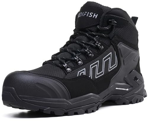 KOIFISH Botas de Seguridad para Hombre S3 Impermeable Botas de Trabajo Punta Compuesta Antideslizante Antiestático Calzado de seguridad de Caña Alta Negro 42