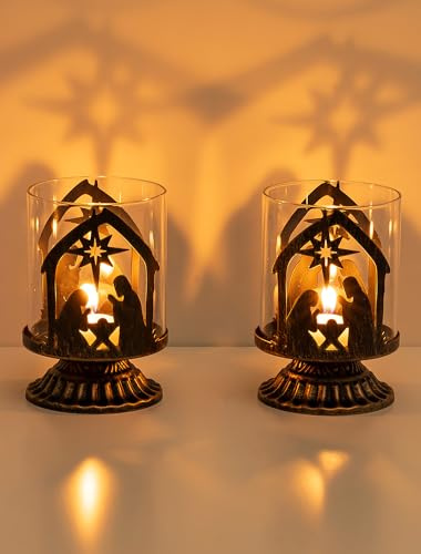 Romadedi Set de Portavelas Navideño para Belén: Juego de 2 Portavelas Vintage de Navidad de Metal para Interior con Vasos para Velas para Mesa, Salón, Adviento para Decoración Navideña