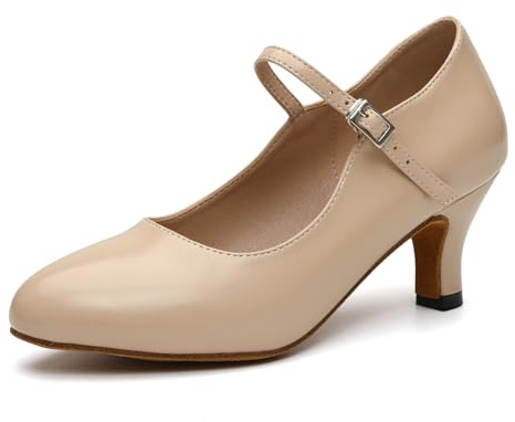 GYUBL Women's Nude Character Dance Shoes for Women Ankle Strap Stage Pumps Modern Tango Swing Latin Dancing Shoes