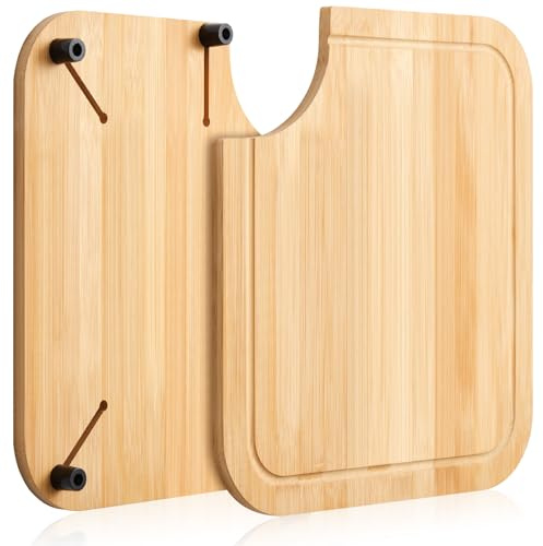 Ziliny 1 Pcs Rv Sink Cutting Board 14.5 x 12.5 Sink Cover Cutting Board with Adjustable Rubber Feet Compatible with Most Rv Boat Kitchen Sinks Built in Juice Groove and Corner Cut for Scraps(Bamboo)