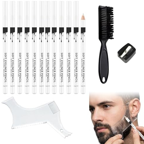 12 Pezzi Matita Da Parrucchiere Bianca, Gesso Magico, Per Delineare L'attaccatura Dei Capelli E Modellare La Barba, Include Sagoma Barba, Temperamatite E Spazzola