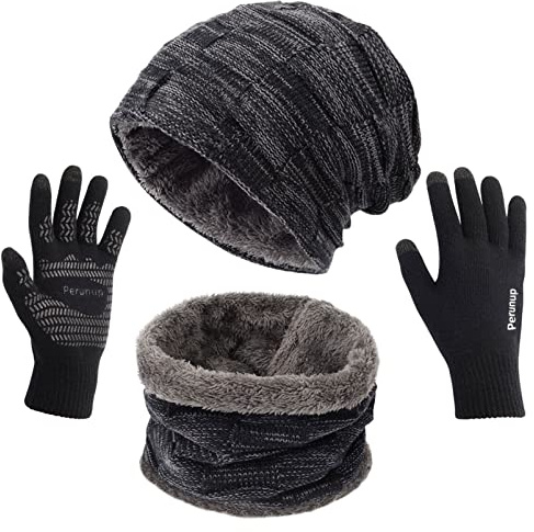 Petrunup 3Pcs Beanie Hat Snood Scarf and Touch Screen Gloves Set, Winter Ski Skull Cap Neck Warmer Knitted Glove, Dark Grey