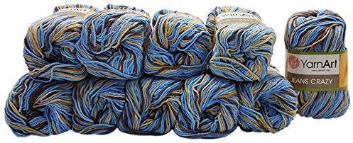 10 x 50g Strickwolle YarnArt Jeans Crazy mit 55% Baumwolle, 500 Gramm Wolle mit Farbverlauf mehrfarbig (braun beige blau 7202)