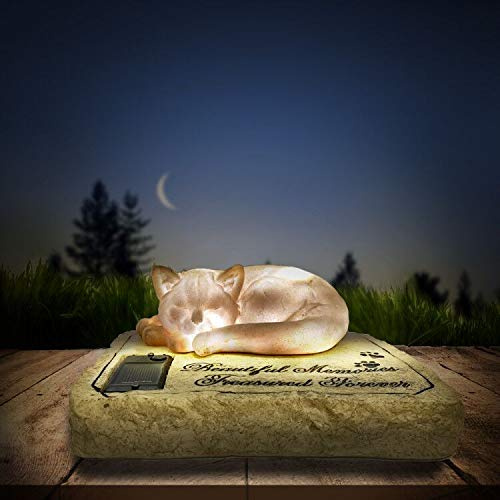 Carchistan Solar Light Cat Memorial Garden Stones with A Sleeping Kitty Statue - Auto Glow at Night Resin Grave Markers Headstones for Cat Sympathy Memorial Gifts Loss Gifts Outdoors, 8x6.5x3