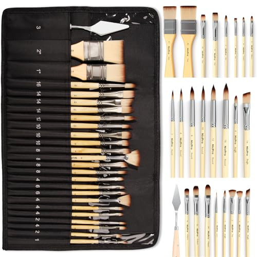 Nicpro 26 Stück Pinsel Set, Expertenqualität Borstenpinselset, Künstlerpinsel mit Leinwand Tragetasche und Spachtel, Pinselset für Acrylfarben, Öl, Aquarell, Gouache Malerei, Erwachsene und Kinder
