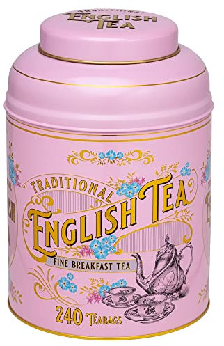 New English Teas Vintage Victorian Tea Tin in Pink with 240 English Breakfast Teabags