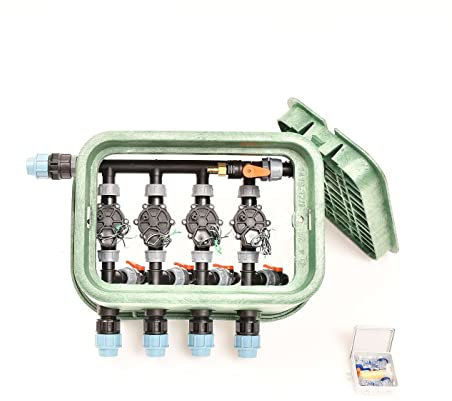 Ventilbox mit 4 Rain Bird 100-DV Magnetventilen (4 Zonen) für 25 mm PE-Rohr Bewässerung, 24V AC Plug&RainExpert