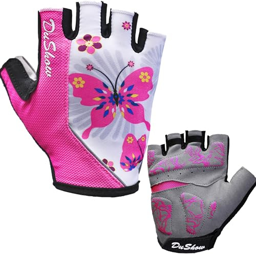 DuShow Cycling Gloves Women Half Finger Gel Padded Bike Gloves for Women Mountain Road Bicycle Biking Fingerless Gloves Anti-Slip Shock-Absorbing Short Gloves Pink Butterfly-M