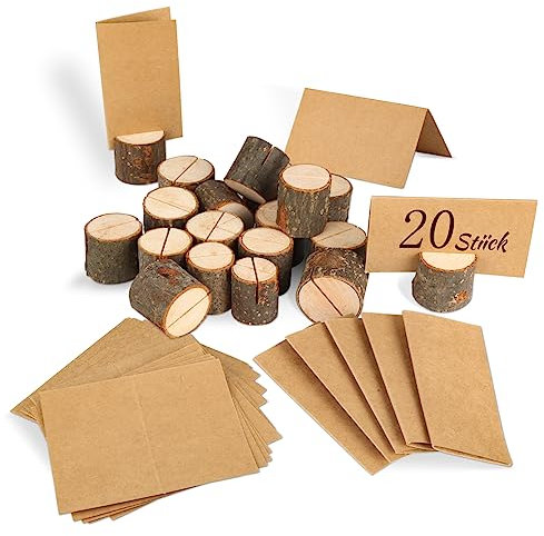 20 Stück Tischkartenhalter Holz + 25 Stück Karte aus Kraftpapier, Kartenhalter Holz, Platzkartenhalter Memohalter Holz, Fotohalter Tischkartenhalter Rustikale, Holz Kartenhalter für Hochzeit Deko