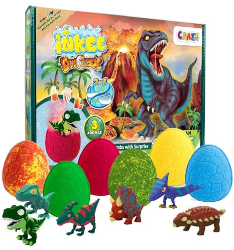 INKEE Geschenkbox DINO Box mit 6 Kinder Badebomben, enthält 6 verschiedene Dinosaurier Figuren zum Sammeln - 6x Badekugeln Kinder mit Überraschung