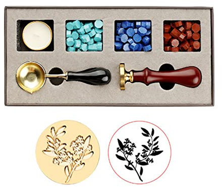 Gecheer Sigillvaxset, retro botaniskt mönster, vaxförsegling, stämpelset, 3 färger, sigillvax med 1 vaxsigillstämpel, 1 ljus och 1 smältsked, för kuvert/inbjudningar/kort/retro vaxsigill