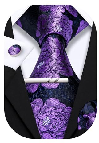 Ensemble Barry.Wang pour homme : cravates, mouchoir de poche, boutons de manchette et pince à cravate Motif floral en soie - Lot de 4 pièces pour mariage, soirée et travail, taille unique