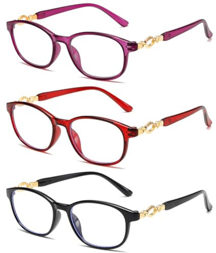 Eyglajdd 3er Pack Damen Lesebrille Blaulichtfilter Brille Blaulichtblockierende Lesehilfe Lila Rot Schwarz +3,00