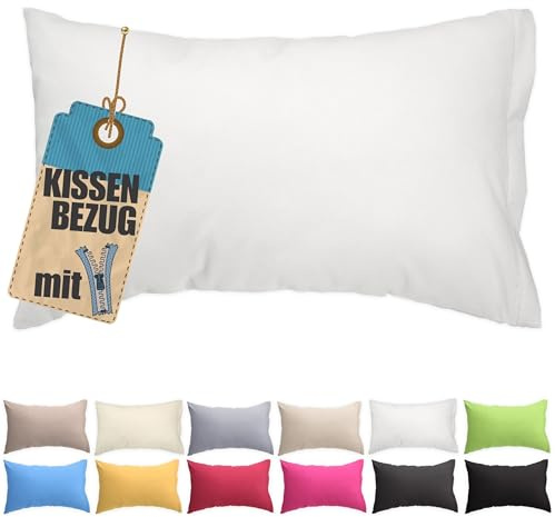 Kissenbezug 60x80 cm Weiß mit verdecktem Reißverschluss - Baumwolle Kissenhülle Uni, Waschbar, Atmungsaktiv Mischgewebe Kopfkissenbezug (85% BW - 15% Poly)