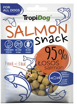 Premio monoproteico para Perros con 95% de salmón, sin Cereales, azúcar ni conservantes. Ideal para Entrenamiento y Paseos. Bajo en calorías, favorece la higiene bucal - TropiDog Snack Salmon 70g