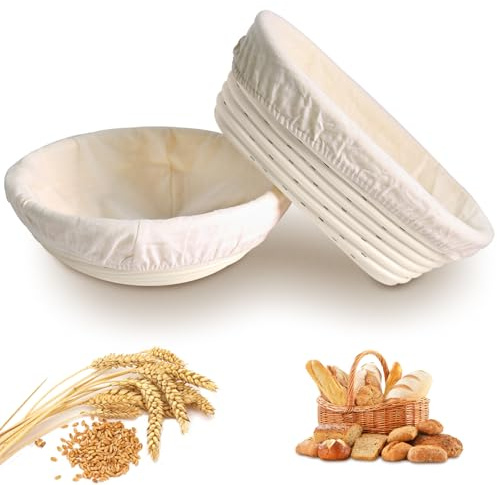Bread Proofing Baskets Set of 2: Oval and Round Sourdough Bowl with Liners | 10 Inch Oval and 9 Inch Round Rattan, Non-Stick, Linen Liners, for Artisan Baking, Home Bakers, Sourdough Supplies Gift