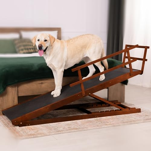 Rampa per Cani Letto con Sponde di Sicurezza per Cani di Grande Taglia – Regolabile Fino a 94,5cm – Portata Fino a 90kg – Scalette per cani letto Antiscivolo e Pieghevole – In Legno di Betulla – Noce