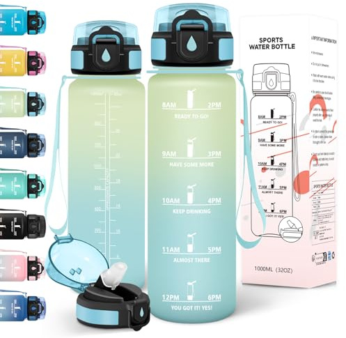 Motswedi Gourde 1l, Anti-Fuite, Gourde Paille, avec Marqueur de Temps, Bouteille d'eau, Poignée de Transport, Bouteille avec Paille, Facile à Ouvrir, pour Randonnée, Sport, Blanc Cassé Bleu Clair