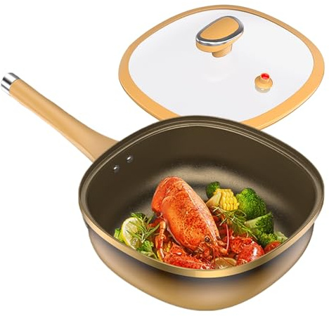 Générique Padella per friggere, padella grande in titanio antiaderente, batteria di cottura profonda con coperchio per casa, cucina, appartamento, campeggio induzione e