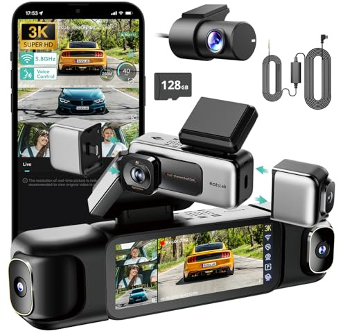 BOTSLAB 3K 4 Channel Dash Cam, 3K/4K Front and 3 * 1080p Car Camera Left Right Rear with 560° Wide Angle, 24/7 Parking Mode, Built-in 5.8GHz WiFi and GPS, Included 128GB SD Card and Hardwire Kit