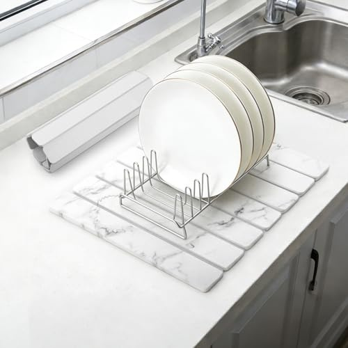 comfoyar Alfombra de Secado de Platos de Piedra para Cocina, Alfombrilla de Drenador de Platos de Diatomita Seca Rápida para Botellas Tazas, Absorbente de Agua, Plegable, 40×30cm, Mármol Blanco