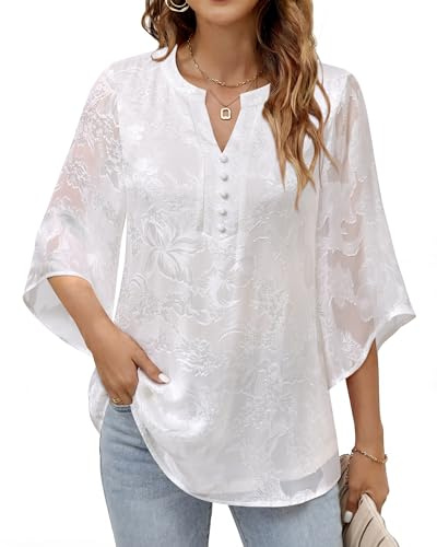 Youtalia Spring Dressy Casual Classy Tunic Tops for Women,Summer Womens Elegant Floral Double Layers Button Down Blouses,Ladies Chiffon Loose Fit Flowy Knit Office Work Shirts White XL
