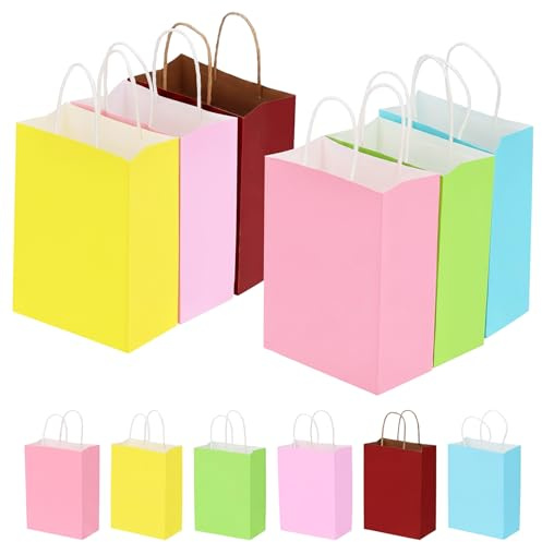 QWORK® 60 Pezzi Sacchetti di Carta Regalo con Manici 15x8x21cm – Shopper Colorate in Carta Kraft per Feste di Compleanno, Matrimoni e Shopping – Buste Regalo Piccole Multicolore Resistenti