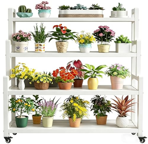 DMCHENGMA Supporto per piante a 4 livelli in metallo bianco con ruote e freni - Scaffale per fioriera con scala resistente, espositore per vasi da fiori ad angolo (altezza 145 cm)(120x40x145cm)