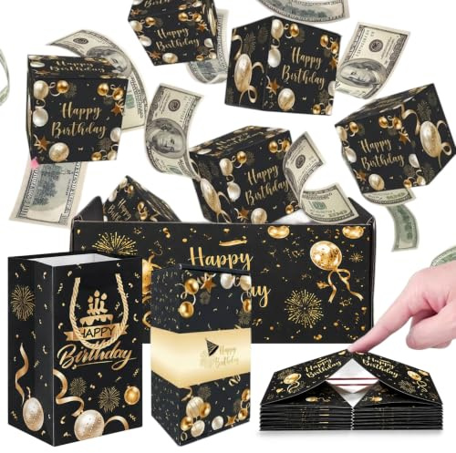 Happy Birthday Surprise Explosion for Money, Pop Up Box Cash Gift Pull | 10 Black Gold Pop Up Bouncing Boxes wtih Confetti - Birthday Money Box Cash Gift Pull. Surprise Mystery Cash Fun for All
