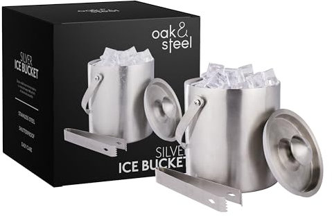 Oak & Steel - Doppelwandiger Edelstahl-Eiskübel mit Deckel und Zange (groß 2L) - Eleganter Eiskübel, Eiswürfelkühler, Eiskübel, Eiskühler mit Deckel und Zange, Stabiler Eisbehälter - Elegant & Robust