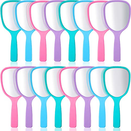 Hicarer 16 Pcs Hand Handheld Mirror with Handle Standard 1x Magnification Plastic Travel Makeup Handheld Cosmetic Mirror for Travel, 3.15 Inch Wide, 7.09 Inch Long (Blue,Green,Pink,Purple)