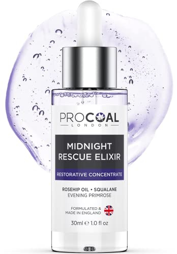 Face Oil, Midnight Rescue Elixir Face Oil Serum 30ml by Procoal - Anti Ageing Face Serum For Soft, Supple, and Glowing Skin, Rosehip Face Oil, Evening Primrose & Squalane, Made in UK