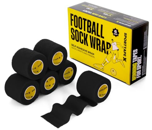 6 Rotoli SPORTTAPE Bendaggio Coesivo 5 cm × 4,5 m – Nero | Nastro auto-adesivo per Calzettoni e Parastinchi, Wrap Polso Portiere & Caviglia Calcio | Fascia Compressione per Sport, Cani & Cavalli