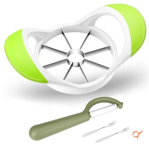 Upgraded Apple Slicer, Corer and Divider, 4.72 Inch 8 Super Sharp Stainless Steel Blades, 1 Super Sharp Peeler, 2 Fruit Forks and 1 Orange Citrus Peeler Tool, Green